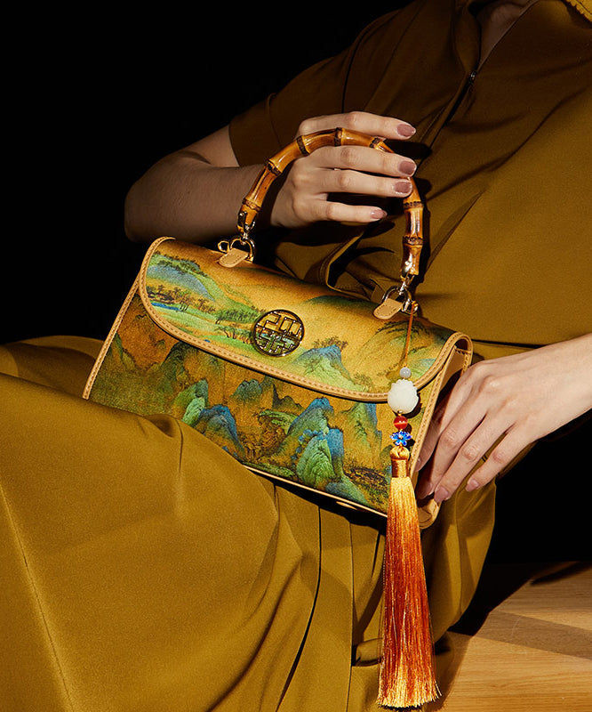 Tote Bag Retro Print Yellow Decorated Tassel Silk