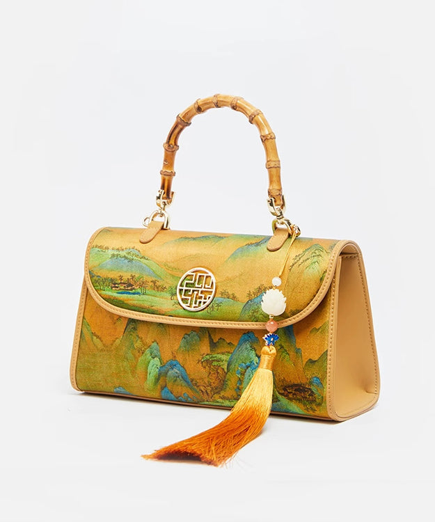 Tote Bag Retro Print Yellow Decorated Tassel Silk