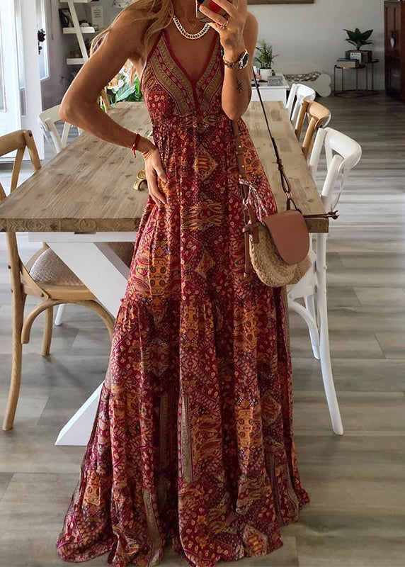 Sleeveless Spaghetti Long Sexy Print Dress V Green Strap Holiday Neck