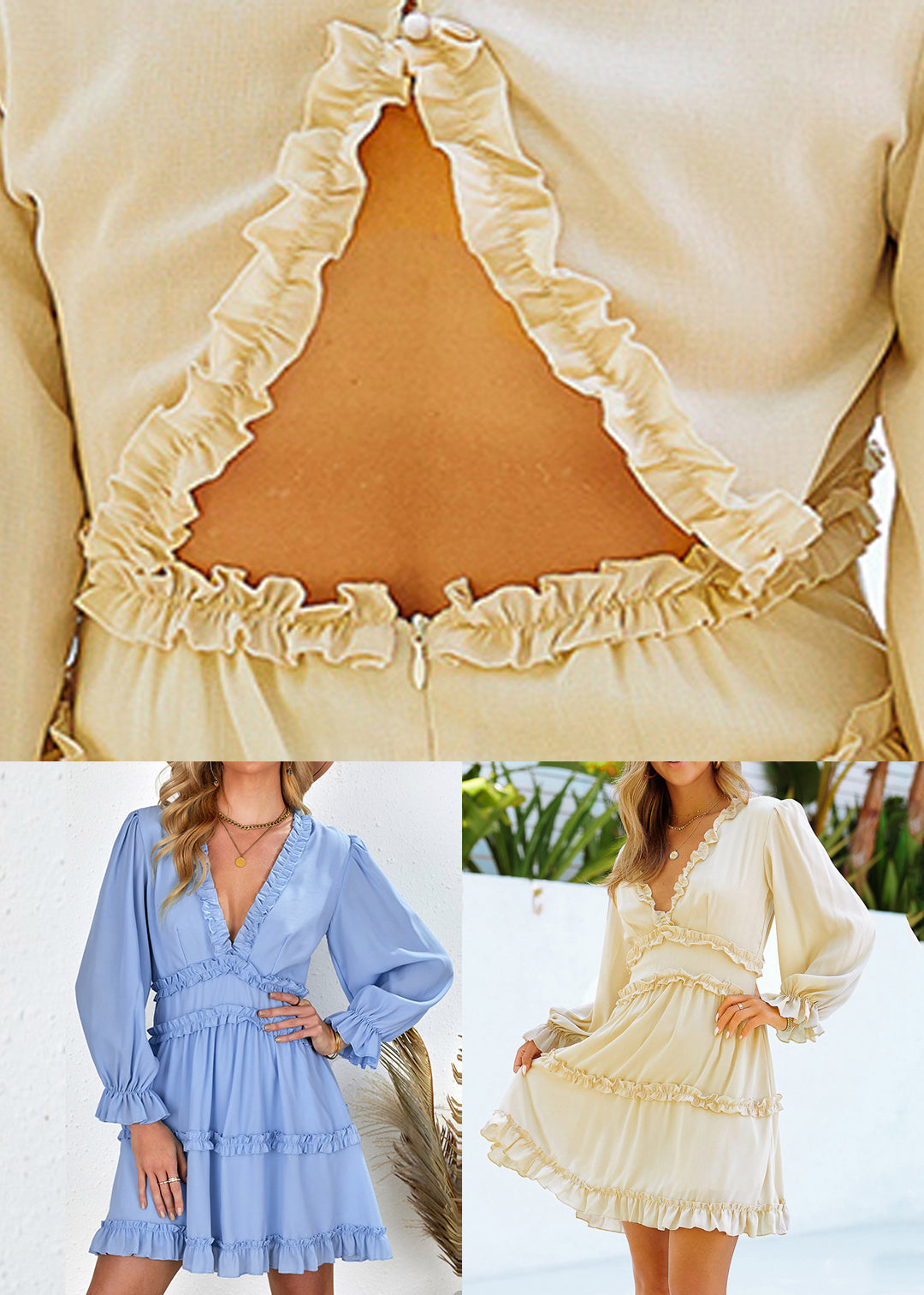 Light Ruffled Mid Sleeve Blue Lantern Dress Sexy Patchwork