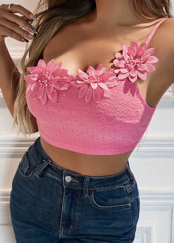 With Shoulder Pink Sexy Camisole Single Top Flower Dimensional