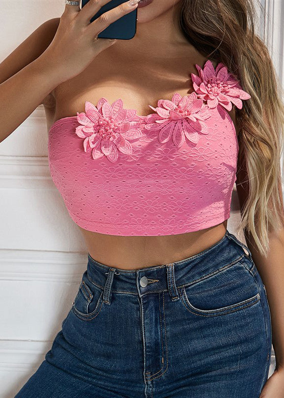 With Shoulder Pink Sexy Camisole Single Top Flower Dimensional