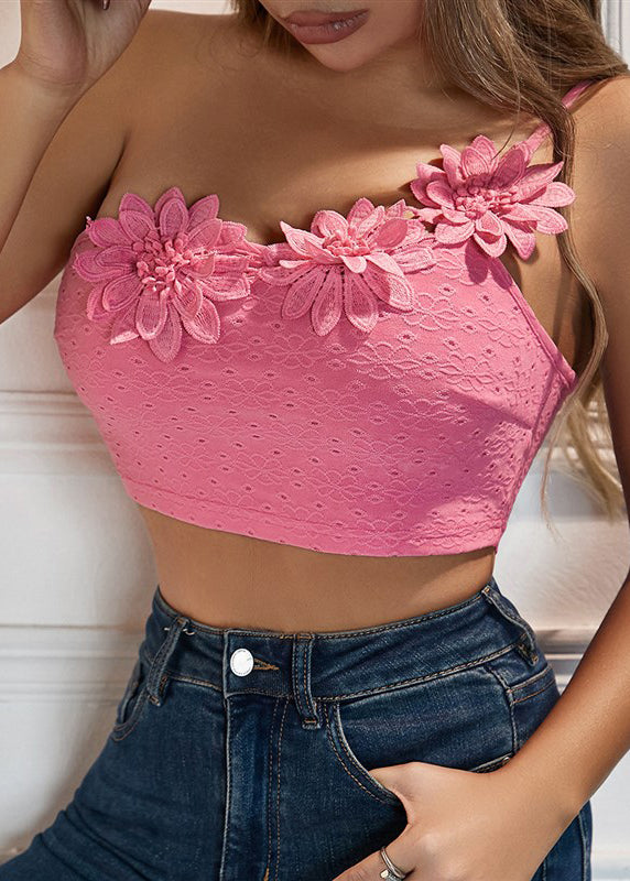 With Shoulder Pink Sexy Camisole Single Top Flower Dimensional