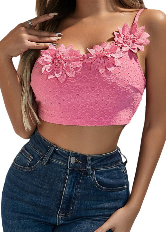 With Shoulder Pink Sexy Camisole Single Top Flower Dimensional