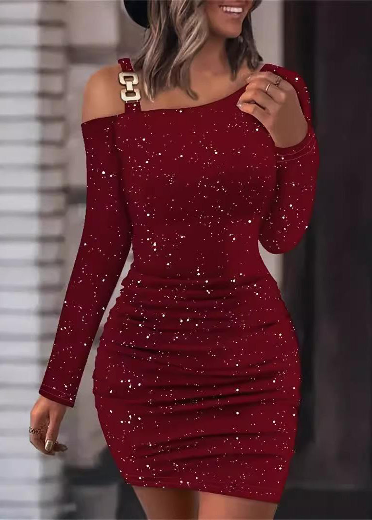 Wholesale SampleSlim Fit Mulberry Cold Shoulder Sequins Mid Dresses Fall