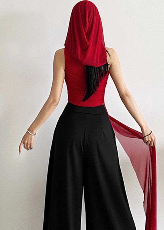 Slim Fit Red One Shoulder Asymmetrical Tulle Shirt Sleeveless