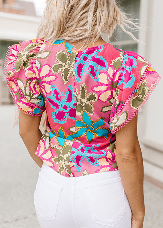 Green T Summer Shirt Ruffled O-Neck Print Style