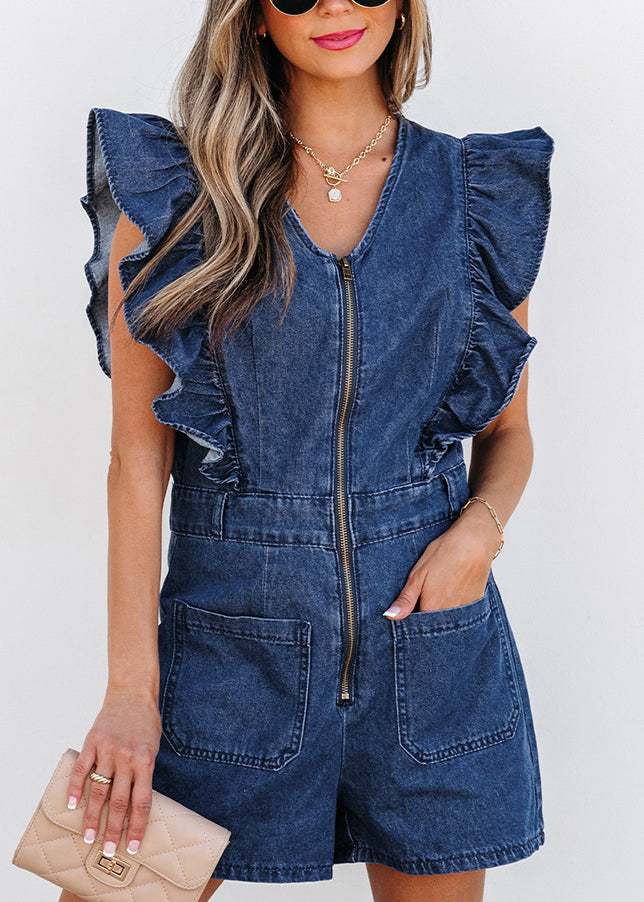Short Ruffled Denim O-Neck Stylish Navy Zippered Jumpsuit Sleeve