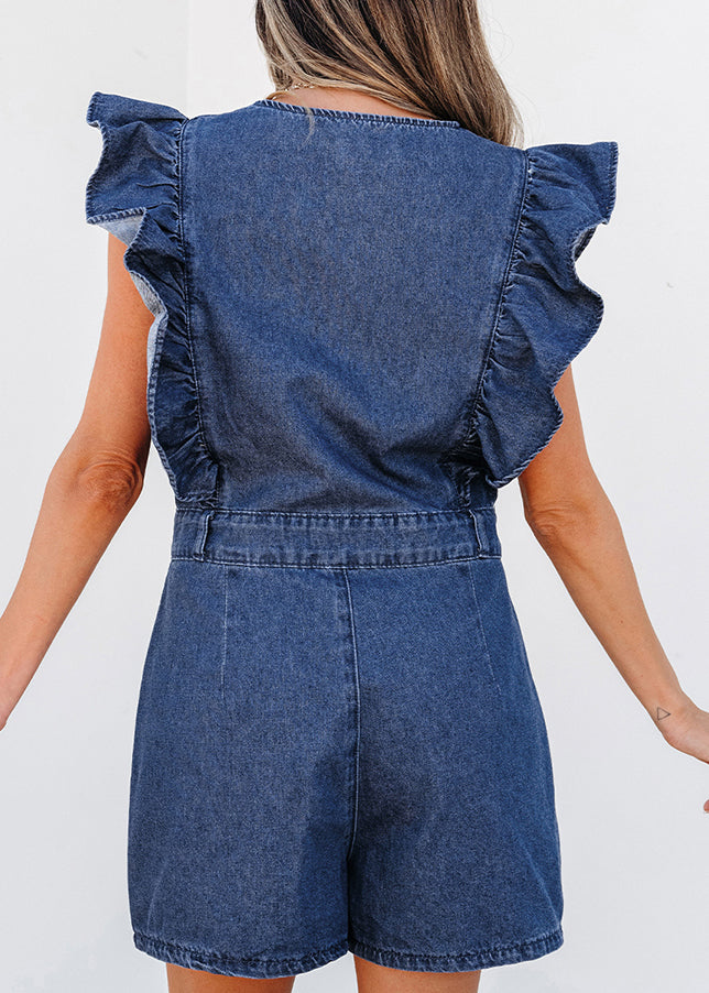 Short Ruffled Denim O-Neck Stylish Navy Zippered Jumpsuit Sleeve
