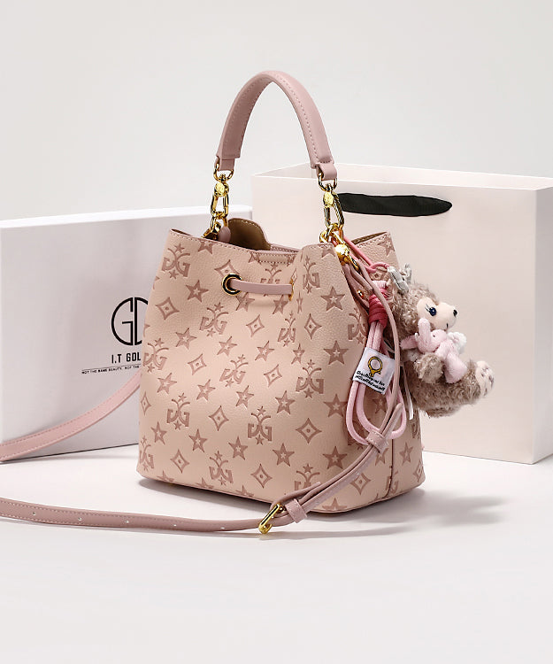 Stylish Calf Bucket Leather Pink Embossed Bag