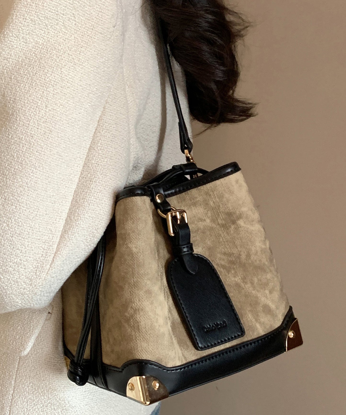 Drawstring Bucket Women Leather Bag Black Faux