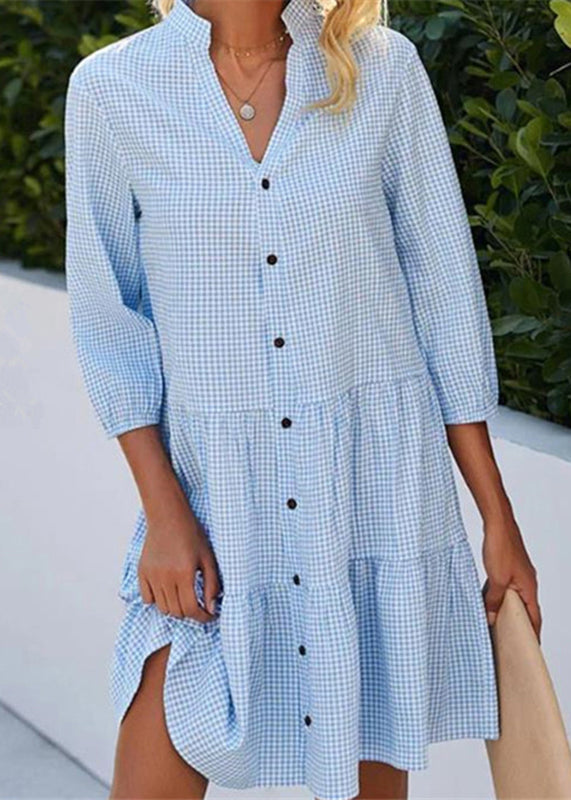 Dress Fall Plaid Mid Shirts Stand Collar Women Button Blue