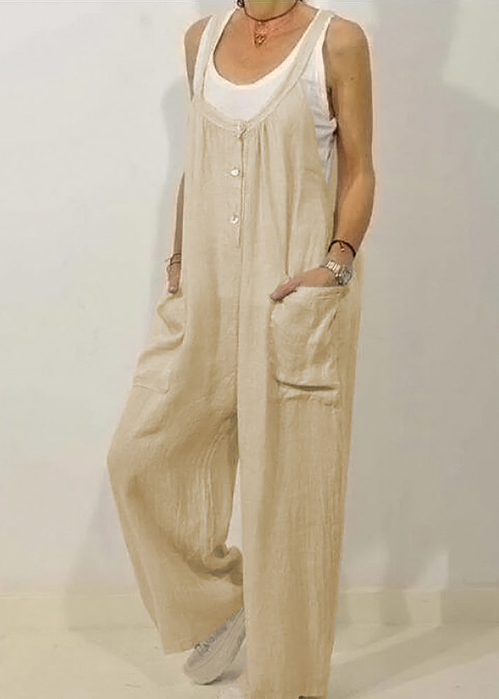 SampleWomen Khaki O-Neck Button Solid Jumpsuits Sleeveless