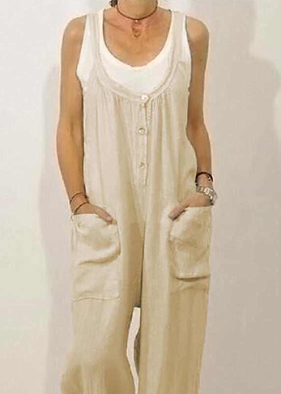 SampleWomen Khaki O-Neck Button Solid Jumpsuits Sleeveless
