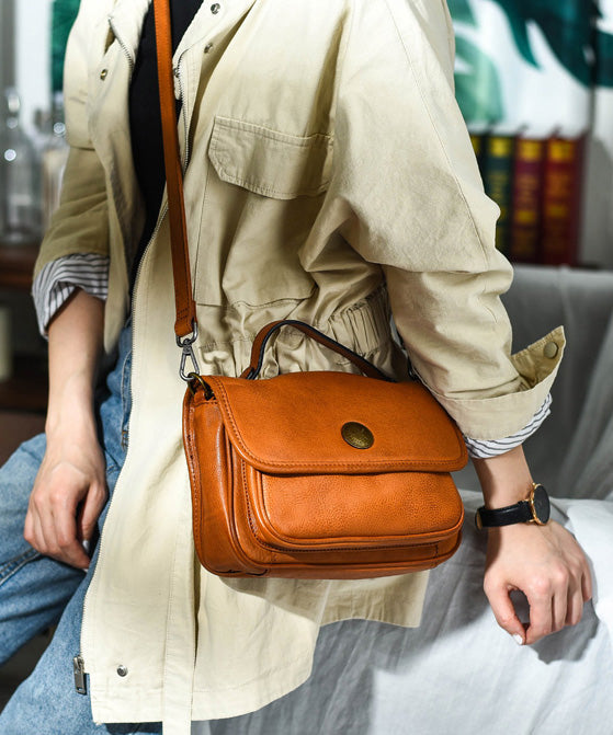 Durable Bag Messenger Orange Leather CrossBody Women Solid