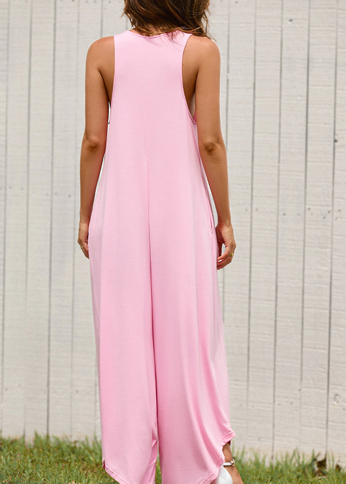 Women Neck Solid Jumpsuit Summer Pink U