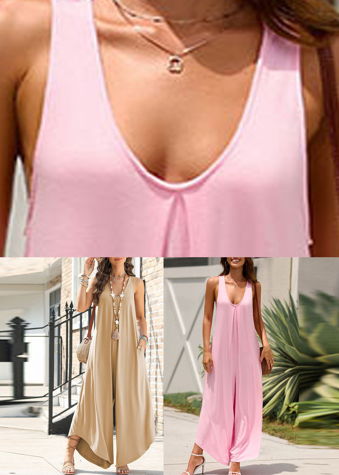 Women Neck Solid Jumpsuit Summer Pink U