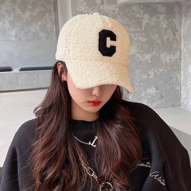 Sample Lettering Applique Faux Shearling Baseball Cap