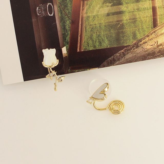 Earring Flower Heart Asymmetrical Alloy Shell