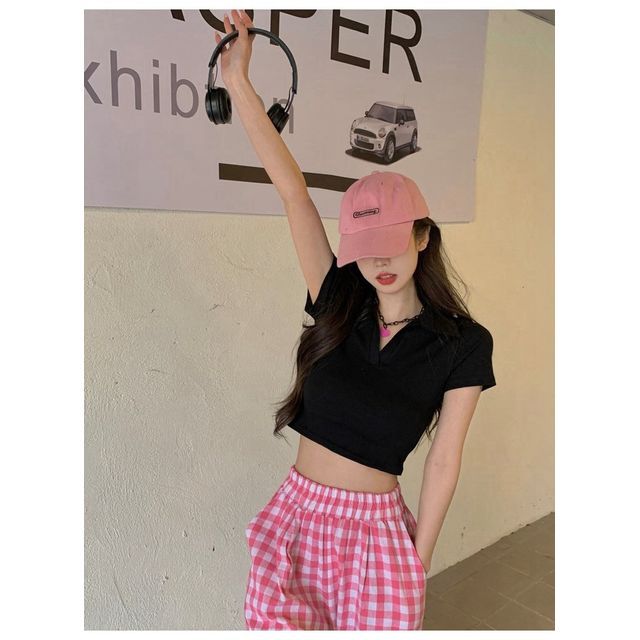Crop Plain Short-Sleeve Top Polo