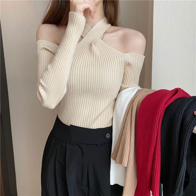 Cold-Shoulder Top Halter Plain Knit Long-Sleeve