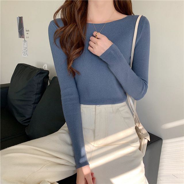 Top Slim-Fit Plain Long-Sleeve Knit