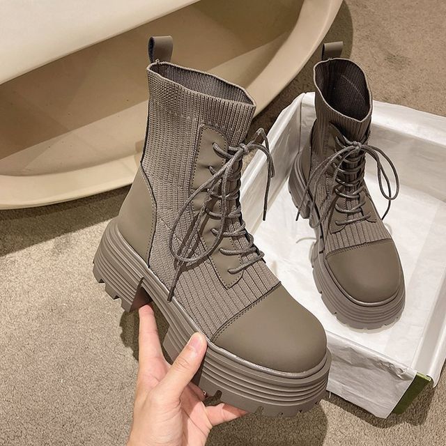 Leather Platform Faux Short Boots Lace-Up Panel Knit