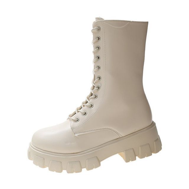Platform Short Boots Faux Lace-Up Leather