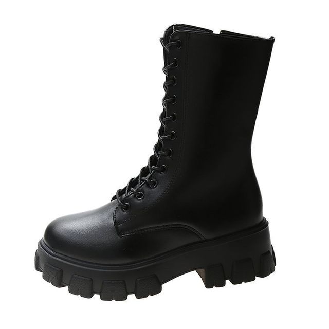 Platform Short Boots Faux Lace-Up Leather