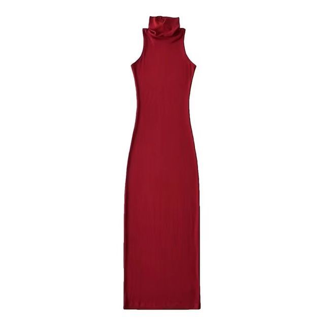 Sleeveless Dress Slim-Fit Plain Turtleneck