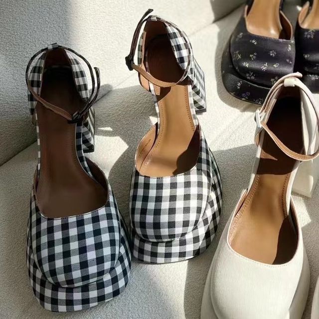 Square-Toe Ankle Block-Heel Pumps Strap