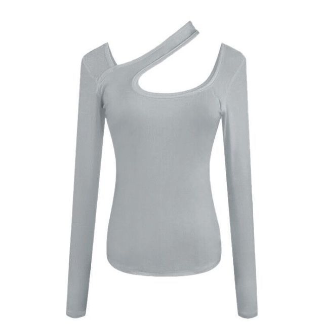 Cutout Asymmetrical Long-Sleeve Neck T-Shirt Plain