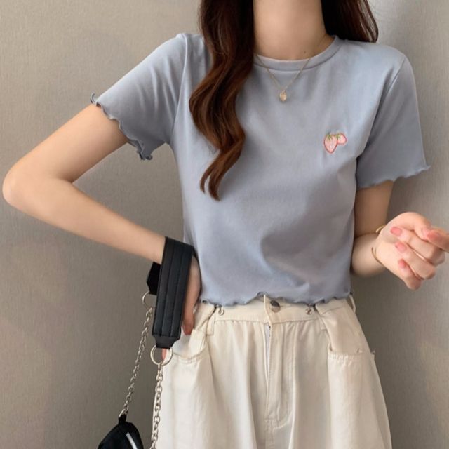 Crop Neck Embroidered Crew T-Shirt Short-Sleeve