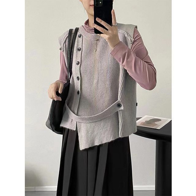 Hem Button-Up Crew Asymmetrical Plain Neck Vest Sweater