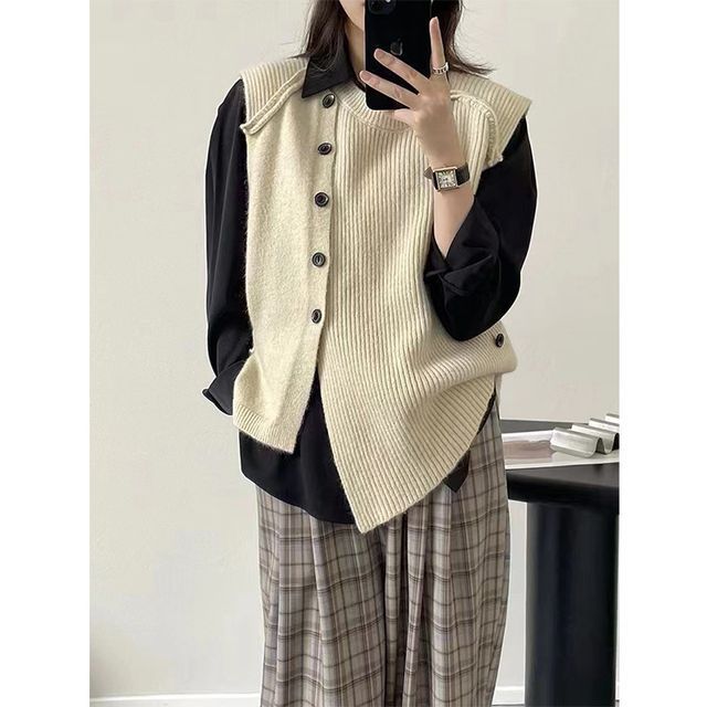 Hem Button-Up Crew Asymmetrical Plain Neck Vest Sweater