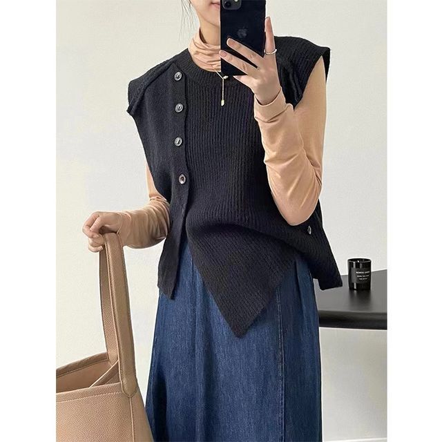Hem Button-Up Crew Asymmetrical Plain Neck Vest Sweater
