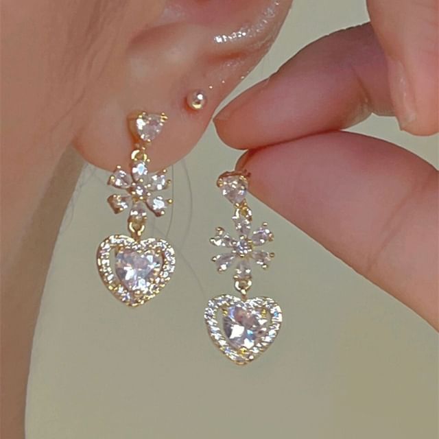 Heart Earring Rhinestone Dangle Alloy