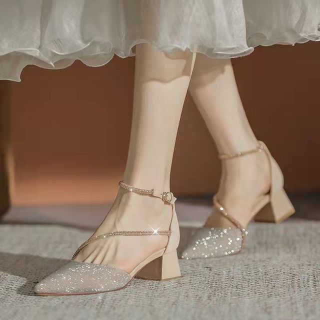 Block Pointy Rhinestone Sandals Heel