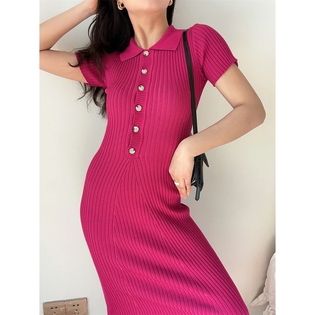 Short-Sleeve Midi Plain Knit Sheath Polo Dress