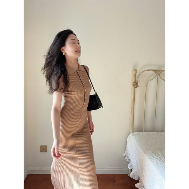 Short-Sleeve Midi Plain Knit Sheath Polo Dress