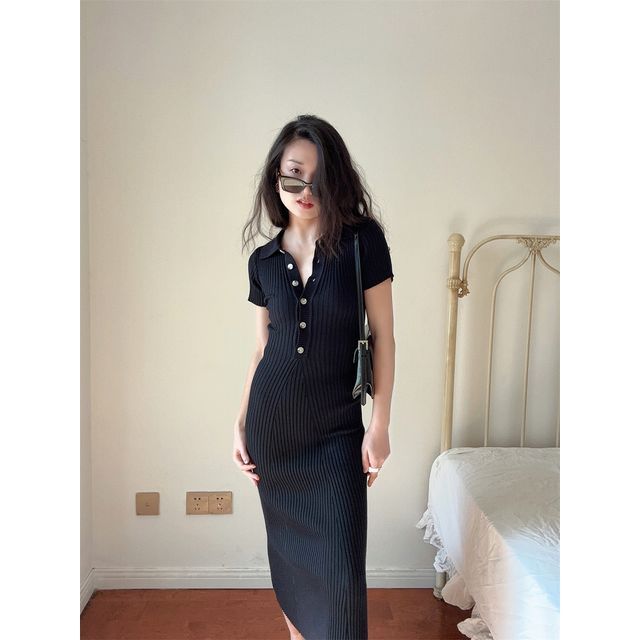 Short-Sleeve Midi Plain Knit Sheath Polo Dress