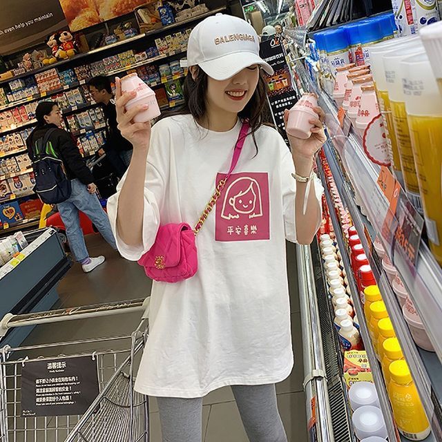 T-Shirt Cartoon Neck Elbow-Sleeve Crew Print