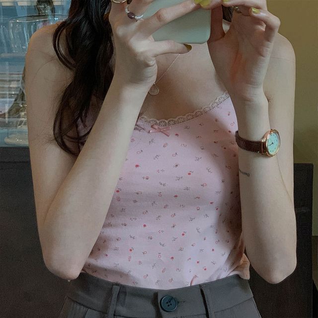 Lace Print Crop Camisole Top Floral Trim