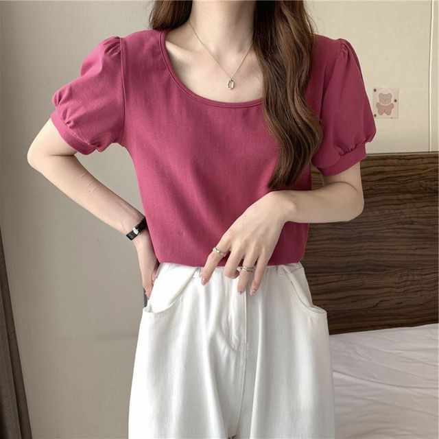 Scoop T-Shirt Puff-Sleeve Neck Plain