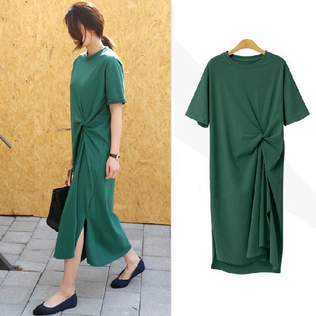 Neck Crew T-Shirt Plain Twist Dress Midi Short-Sleeve