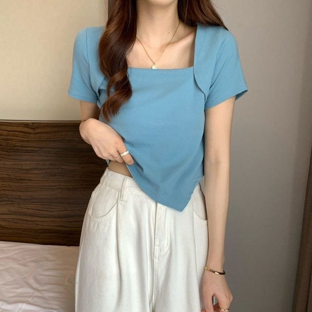 T-Shirt Cropped Neck Square Irregular Short-Sleeve