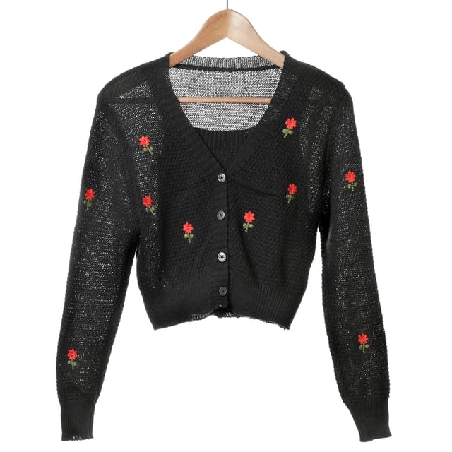 Neck Set: Embroidered Square Floral Top Crop Knit Tank Cardigan +