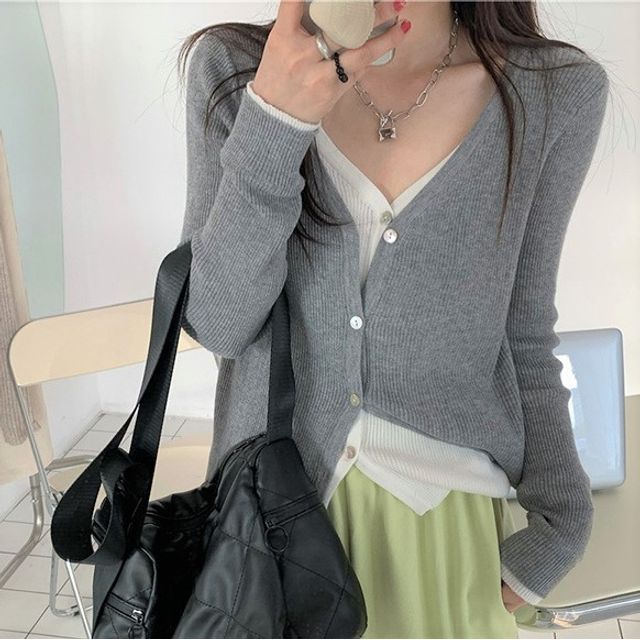 Tone Two Mock Long-Sleeve Two-Piece V-Neck Top Knit Button-Up
