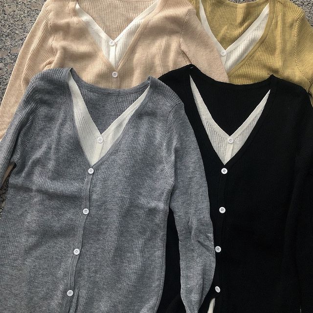 Tone Two Mock Long-Sleeve Two-Piece V-Neck Top Knit Button-Up