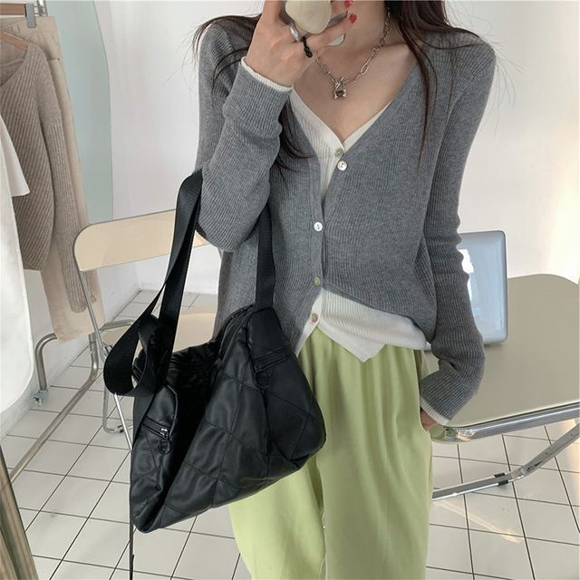 Tone Two Mock Long-Sleeve Two-Piece V-Neck Top Knit Button-Up